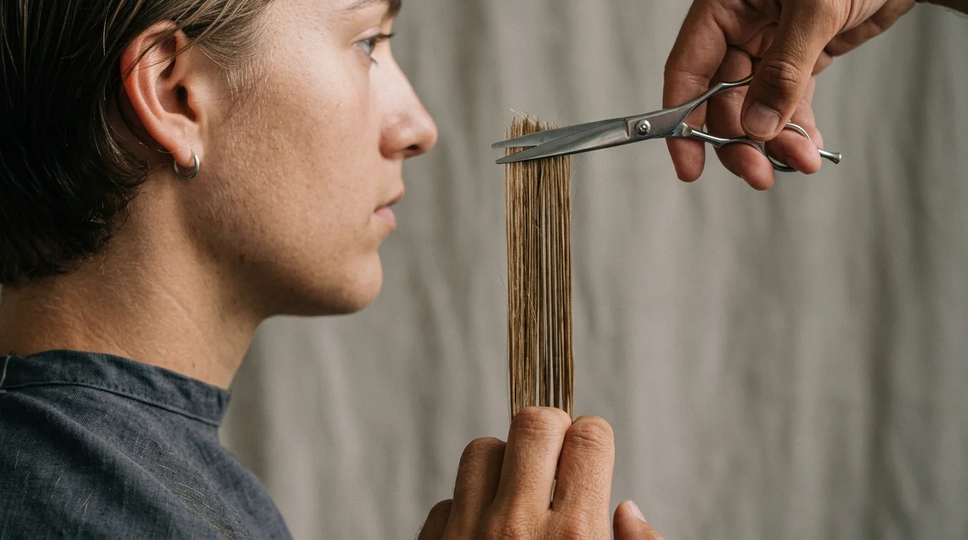 Elevating hair section at a ninety-degree angle to establish a traveling cutting guide.