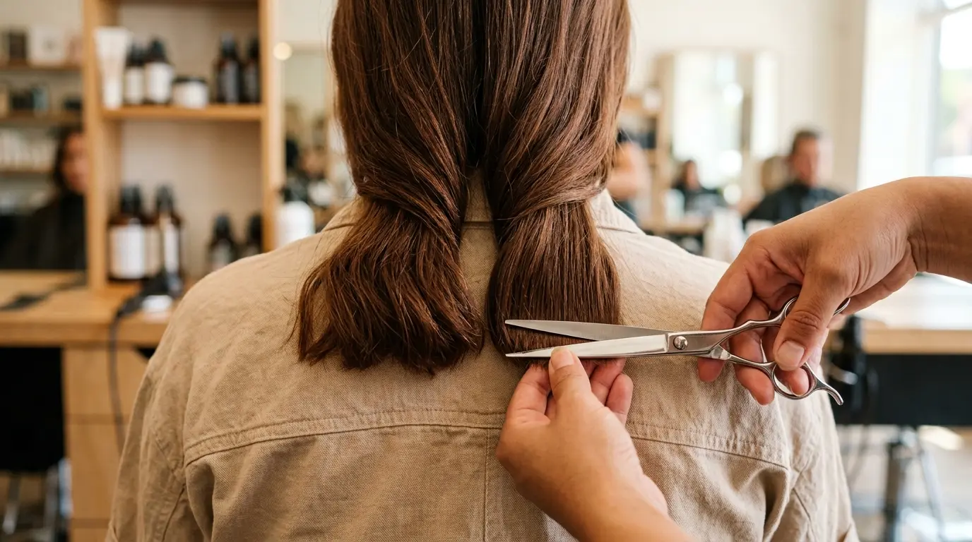 Trimming the baseline perimeter of hair ends using professional haircutting shears.