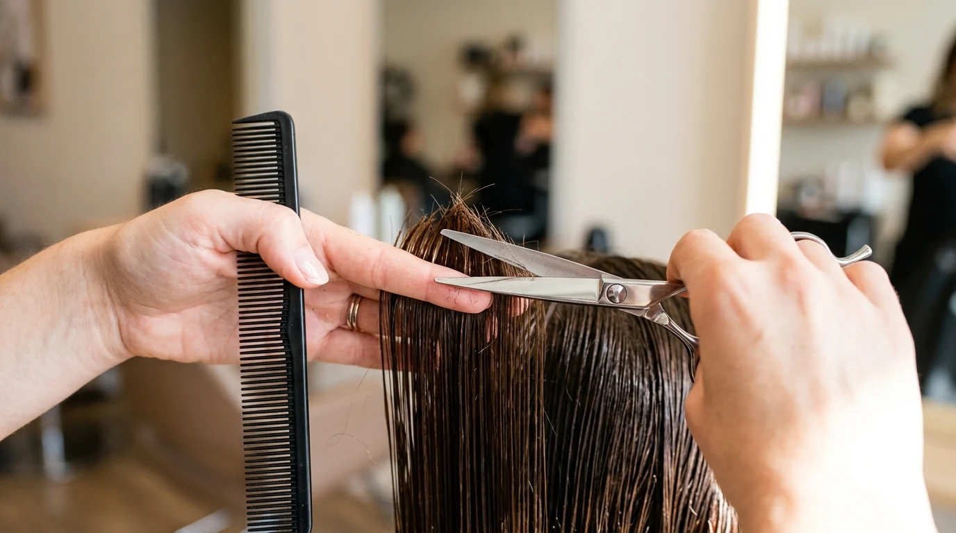 Precision haircutting shears trimming split ends to maintain strong, bouncy curl baselines.