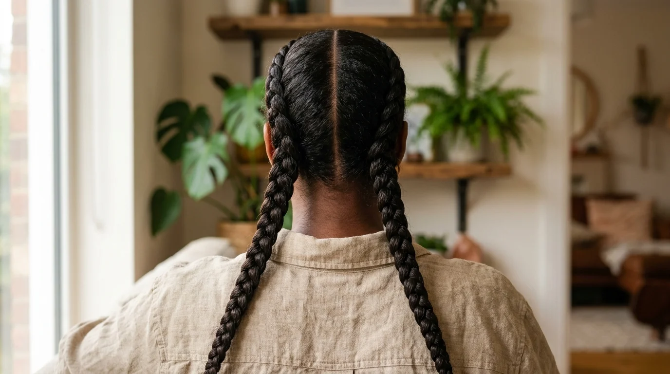 Clean center part dividing waist length hair into twin braided pigtails.