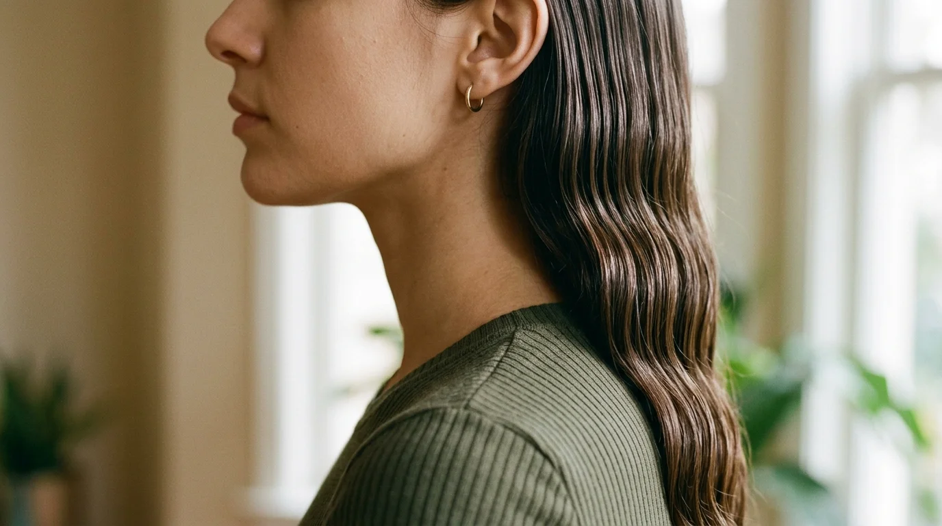Vertical flat iron waves falling flush against the cheek line for a slimming contour.