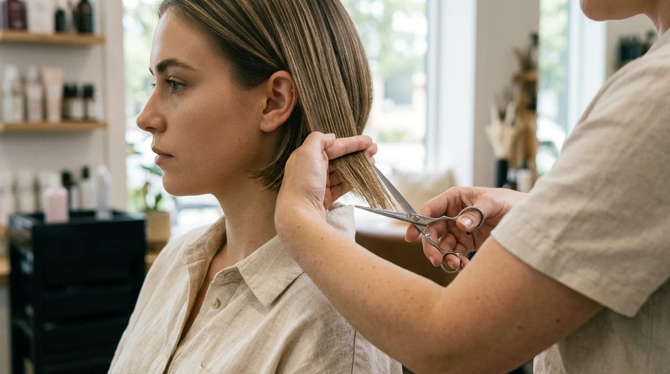 Point cutting vertically into hair ends with shears to soften blunt cut lines on bangs.