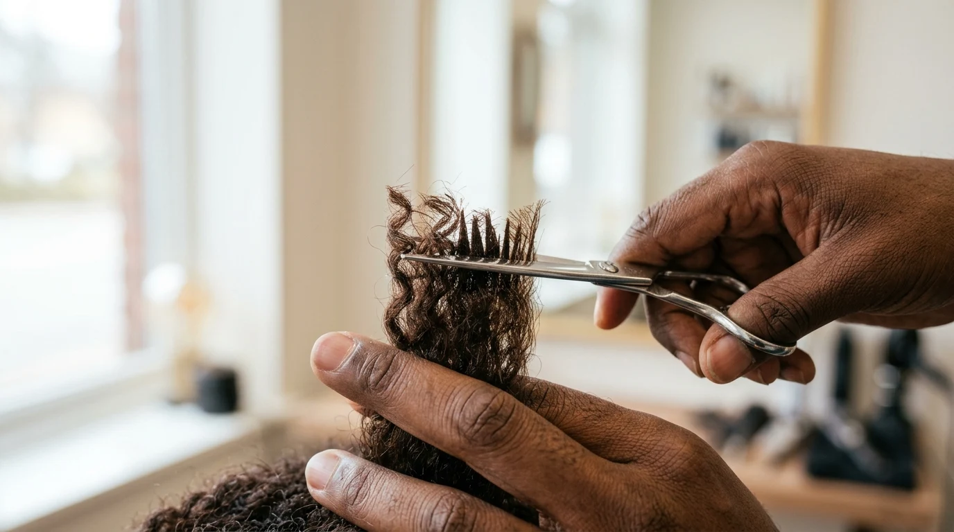 Vertical point cutting technique on hair ends to blend layers seamlessly.