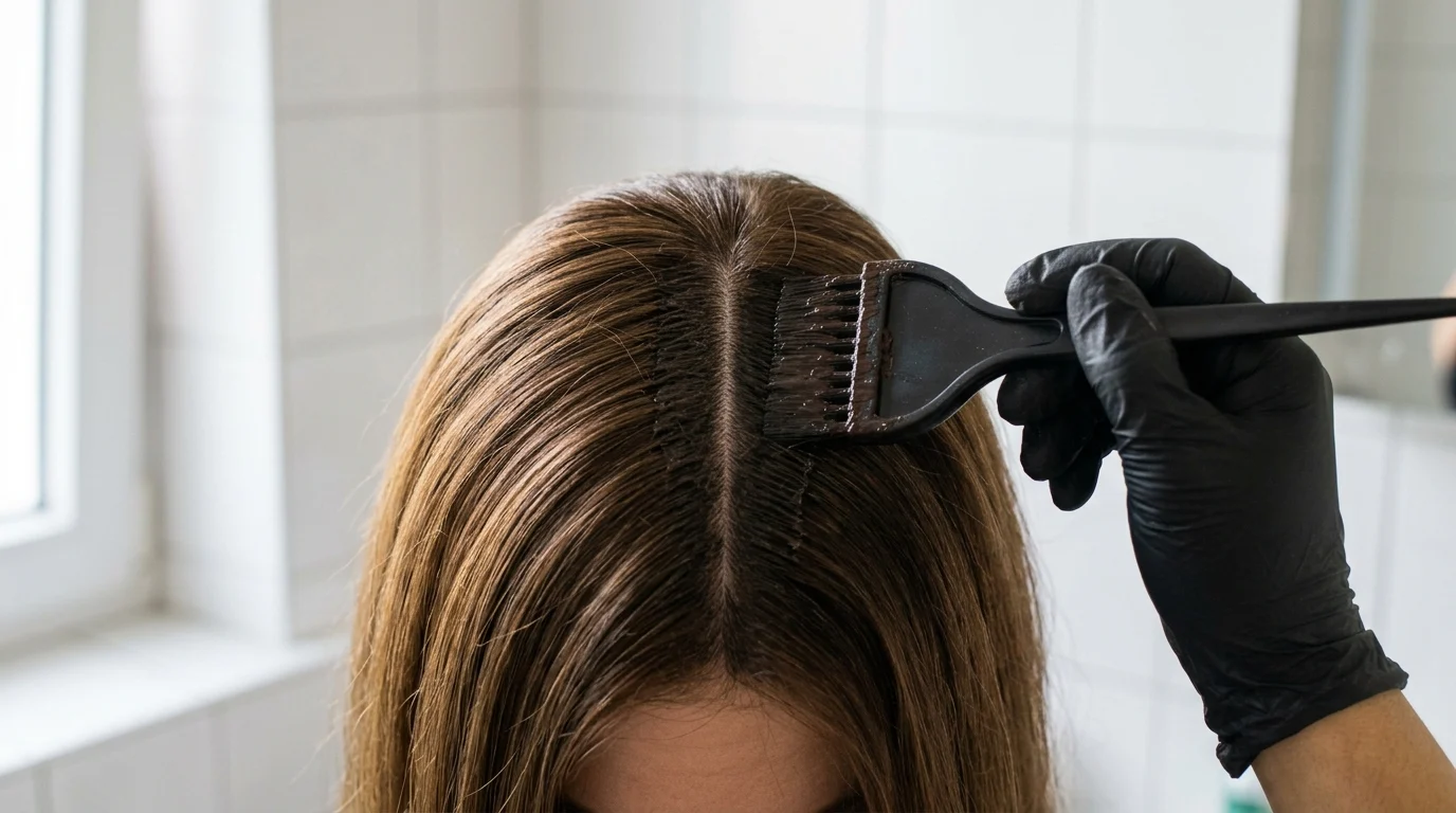 Tint brush applying demi-permanent brown hair dye to clean parted roots of virgin hair.