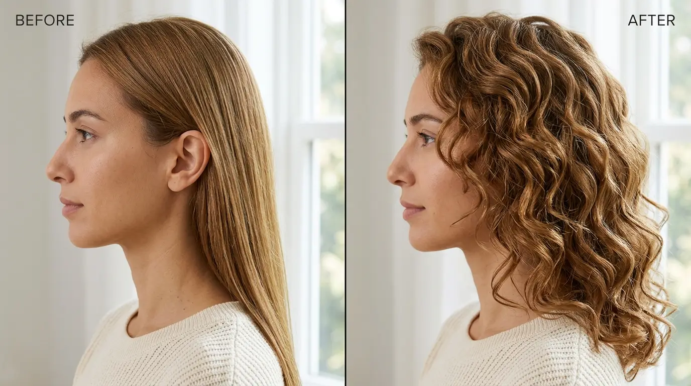 Side by side comparison of virgin fine hair before and after an acid perm showing soft S-pattern waves.