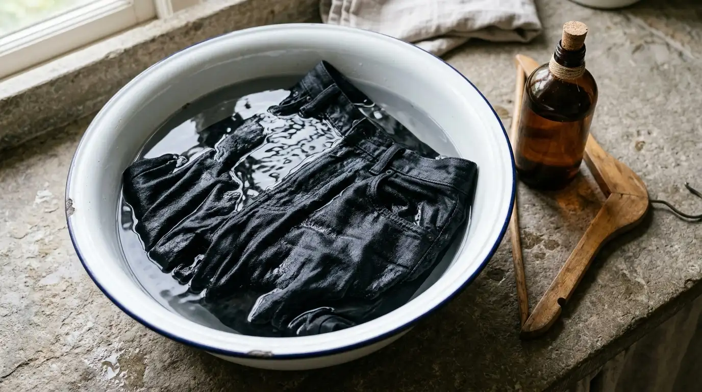 Soaking black jeans in cold water with gentle dark detergent to preserve color.