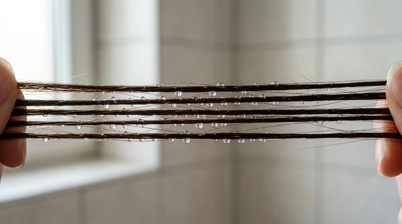 Macro detail of clear water beads sitting on top of a low porosity hair strand without absorbing.