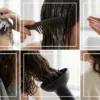 Six box grid showing essential steps of a wavy curly hair routine from washing to diffusing.