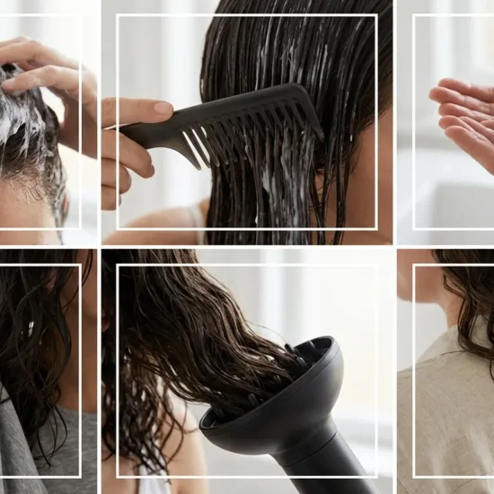 Six box grid showing essential steps of a wavy curly hair routine from washing to diffusing.