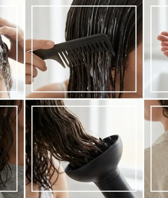 Six box grid showing essential steps of a wavy curly hair routine from washing to diffusing.