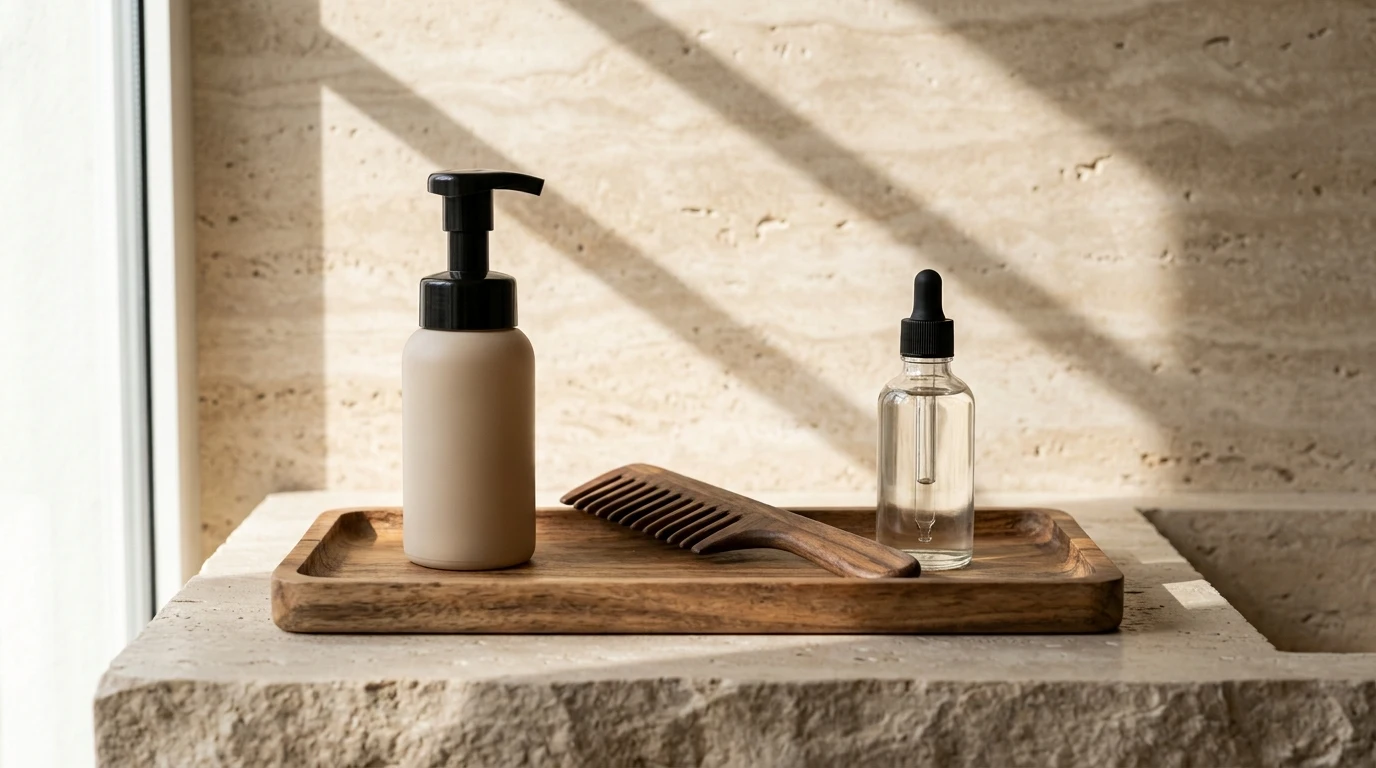 Styling foam and wide tooth comb arranged neatly on a stone vanity tray.