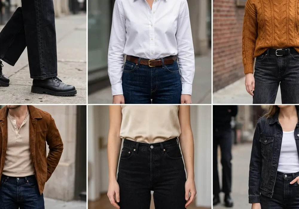 A six box fashion guide showing modern outfit pairings and styling ideas for black jeans.
