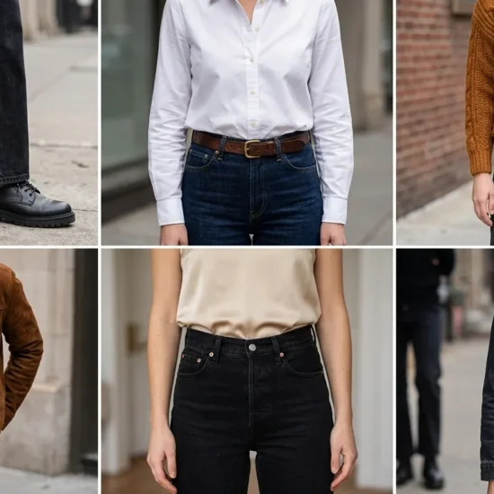 A six box fashion guide showing modern outfit pairings and styling ideas for black jeans.