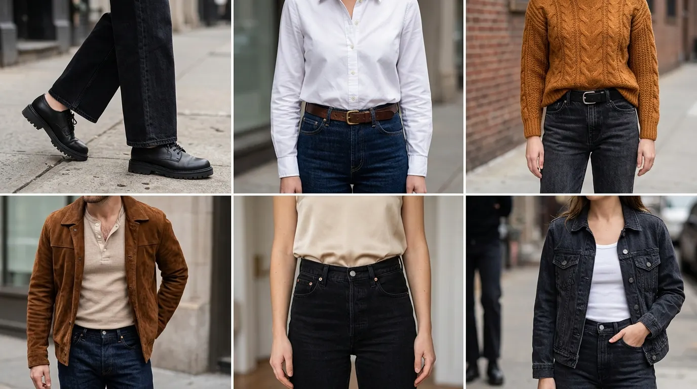 A six box fashion guide showing modern outfit pairings and styling ideas for black jeans.