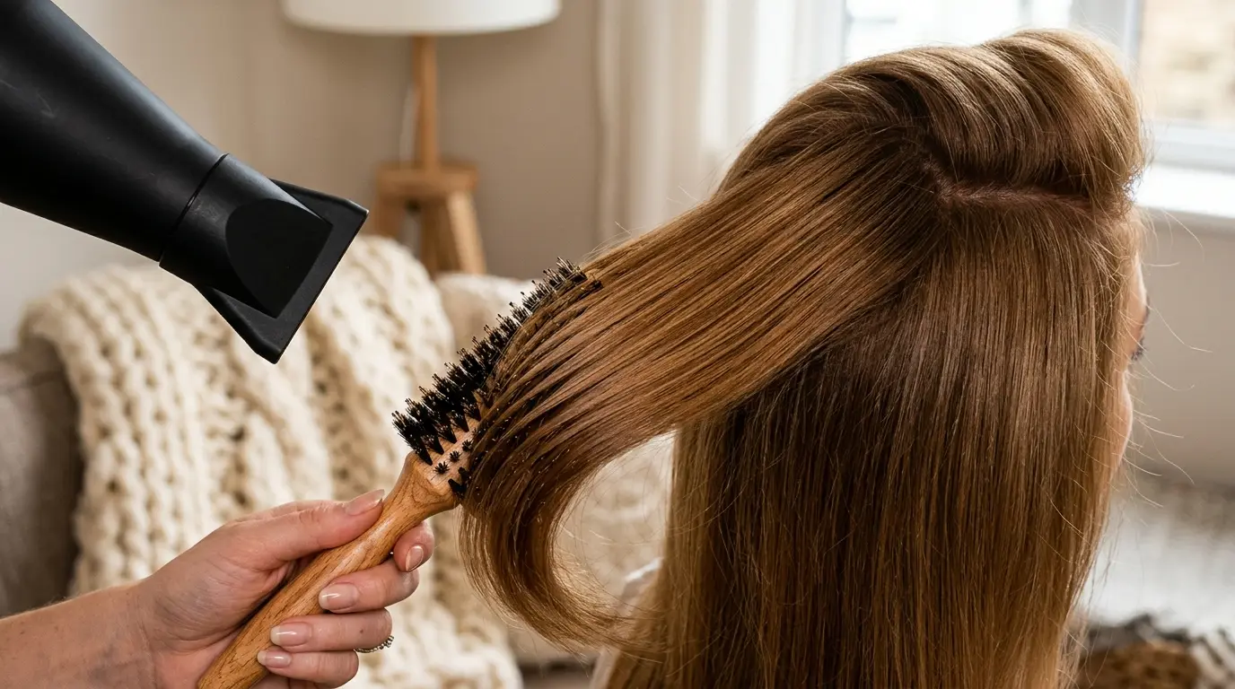 Using a wooden round brush and ionic hair dryer to build volume while preventing winter static cling.