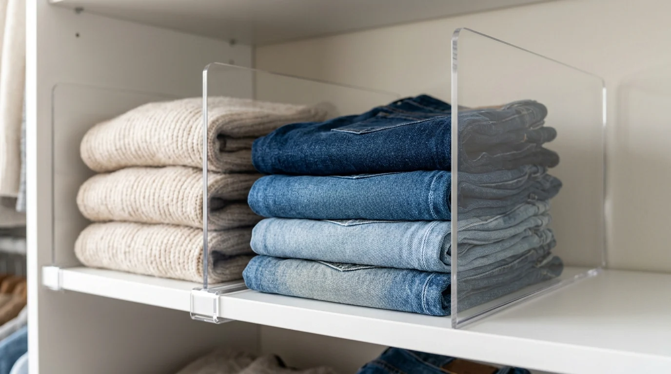 Clear acrylic shelf dividers organizing stacks of folded denim jeans and knit sweaters