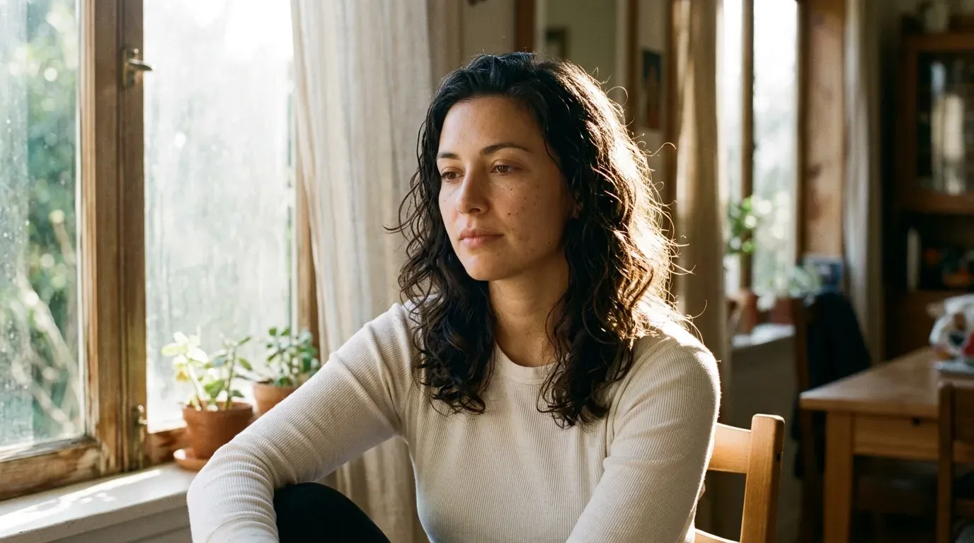 Wavy hair air drying naturally near a sunlit window before blow drying.
