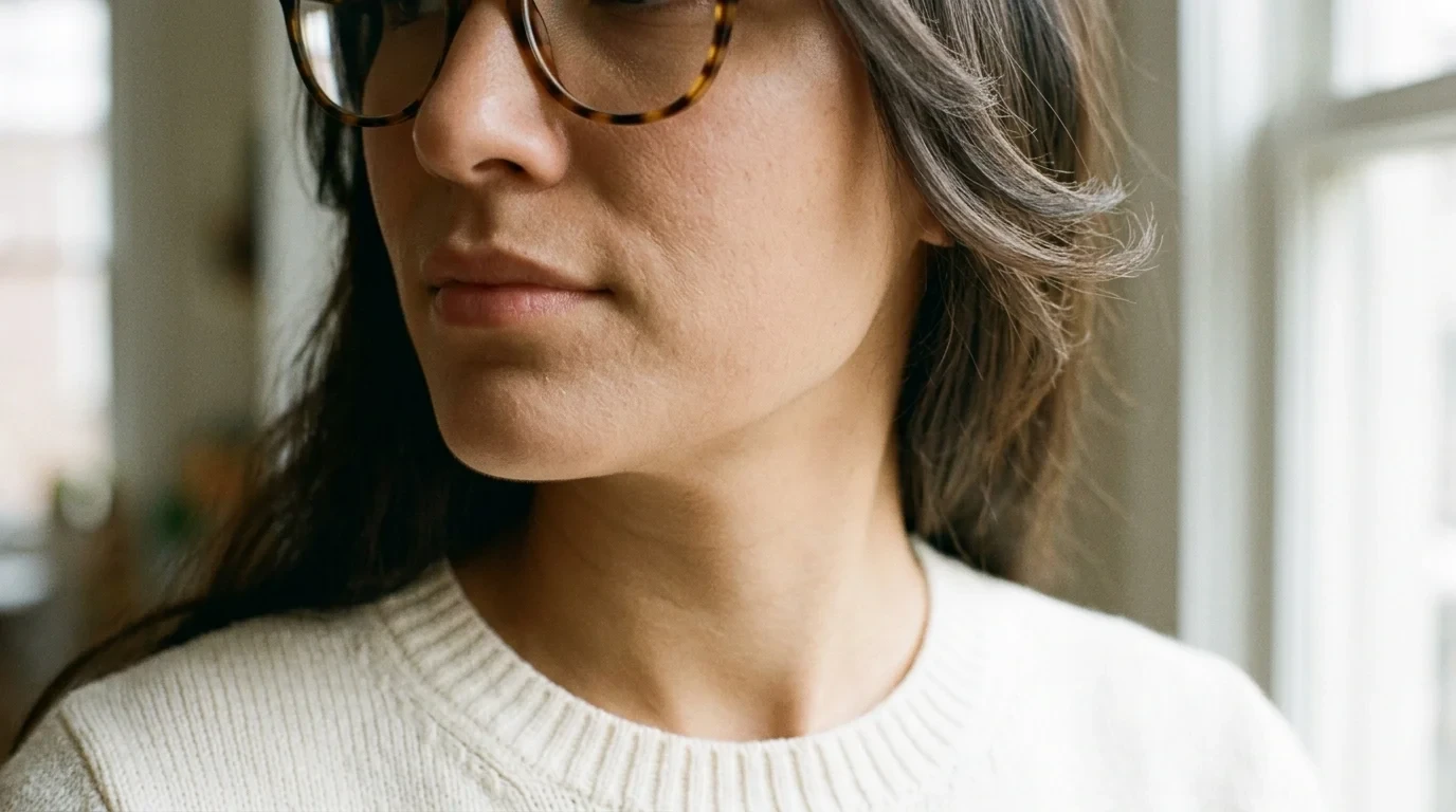 Soft curtain fringe framing cheekbones on a mature woman wearing stylish reading glasses.