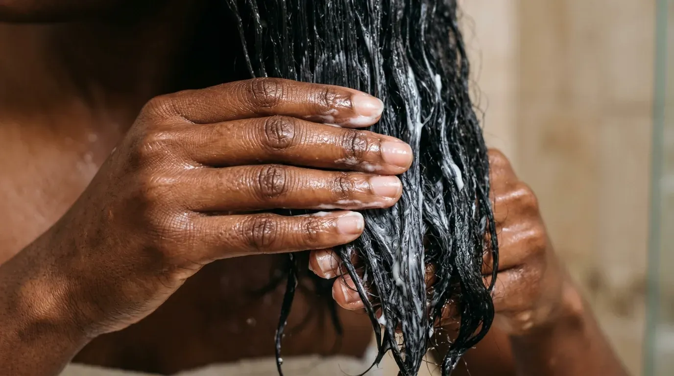 Hands coating damp dark hair ends with a white moisturizing conditioner.