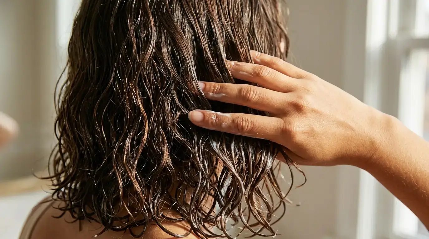 Applying lightweight leave-in conditioner evenly through damp wavy hair strands.