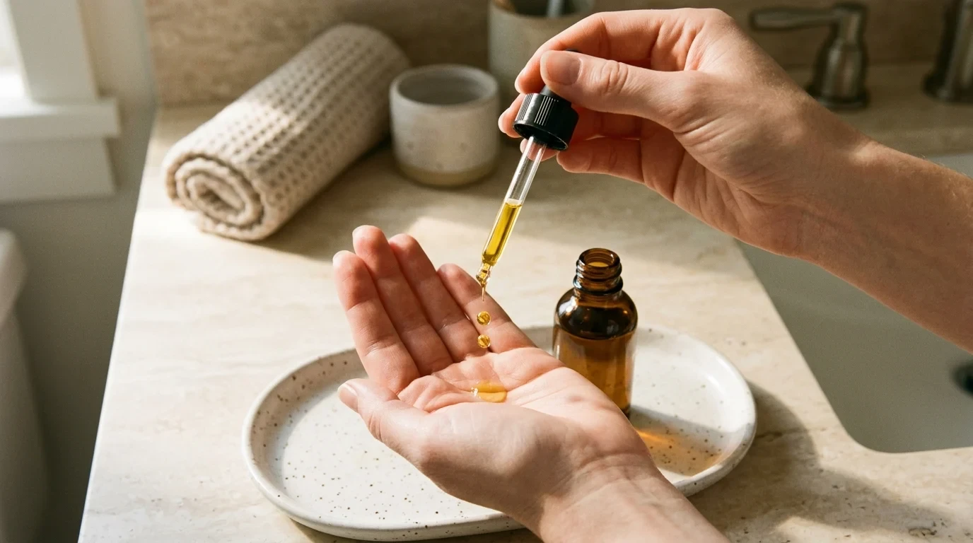Hands dispensing golden oil drops from a glass dropper over a bathroom sink.