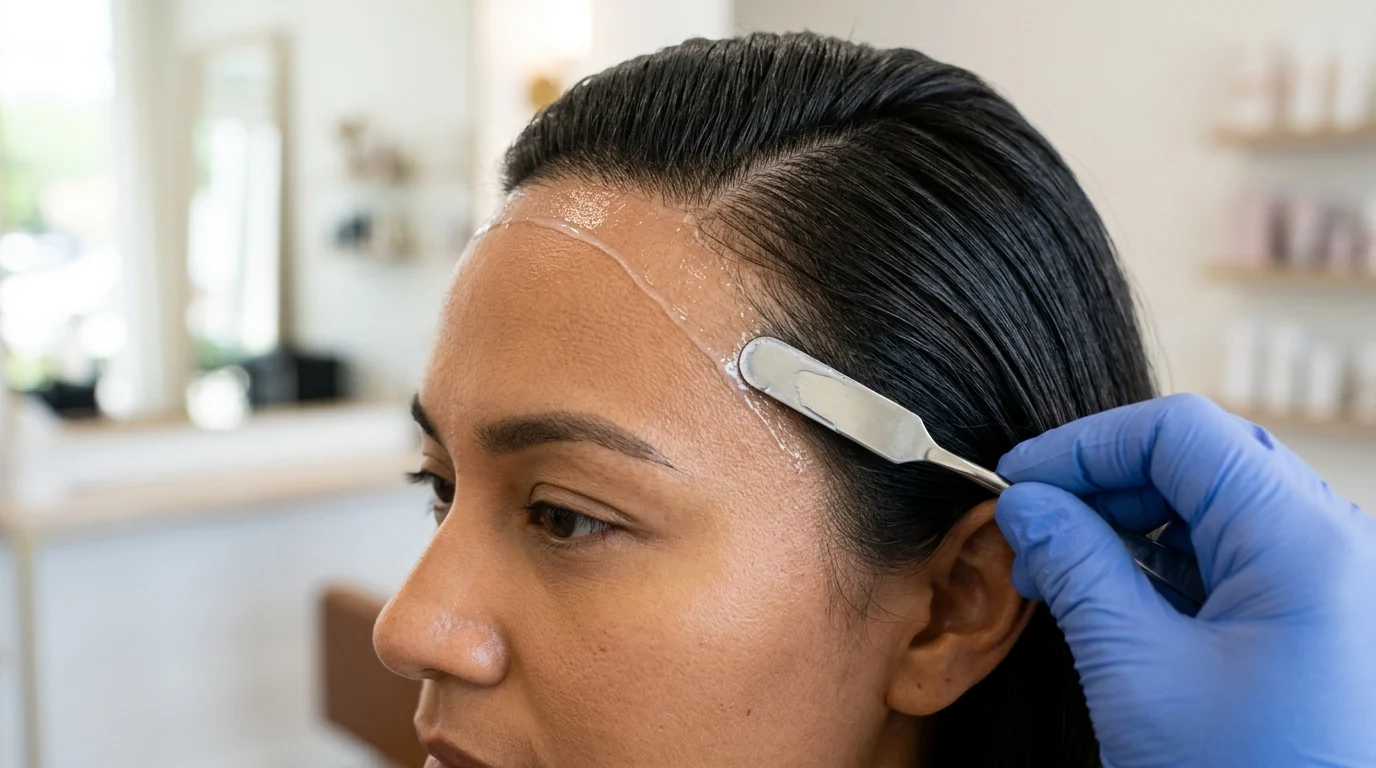 Metal cosmetic spatula spreading a clear thin layer of lace adhesive on the forehead