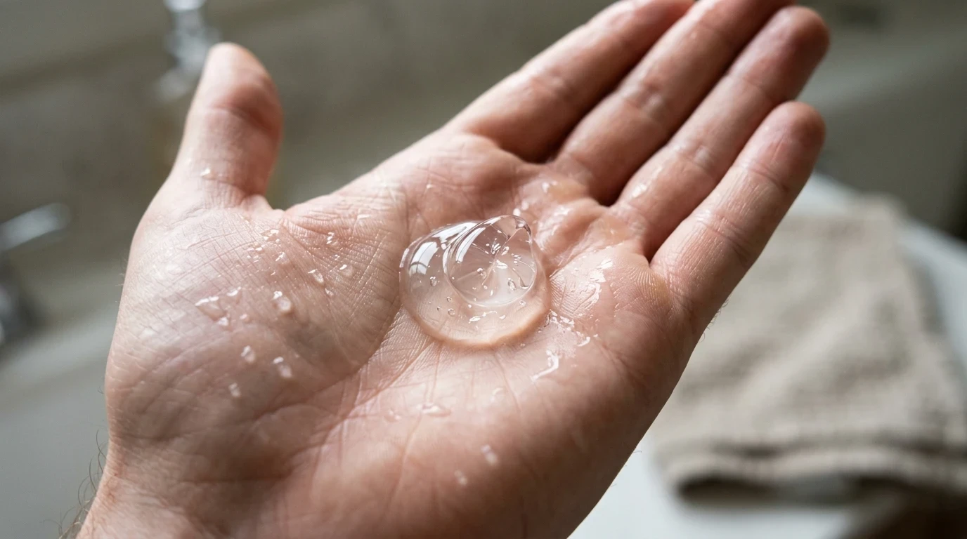 Transparent styling gel resting on an open wet palm ready for hair application.