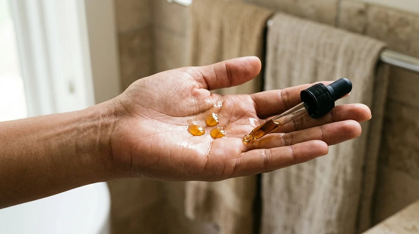 A close up of hands holding drops of hair oil for silver hair moisture.