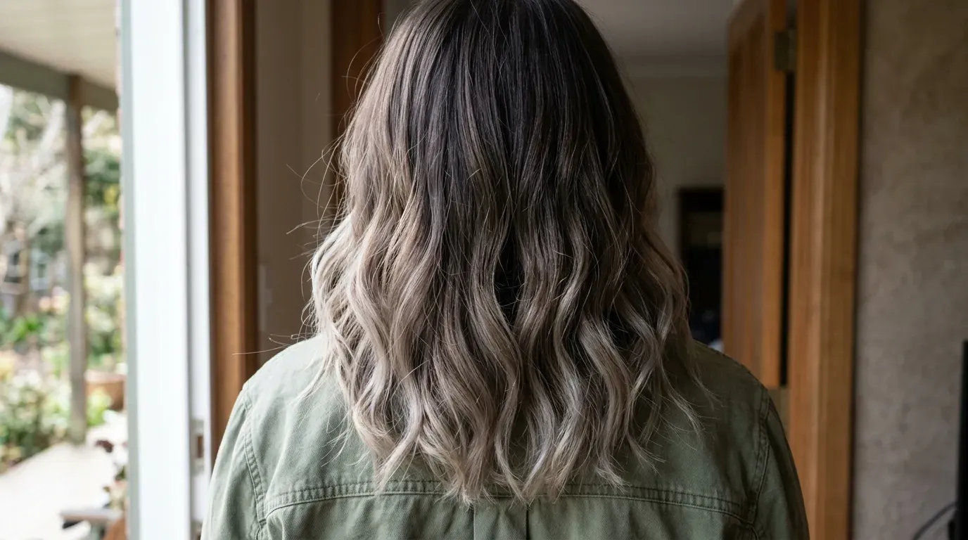Mid-length wavy hair showing a seamless melt from dark roots to smoky ash blonde ends.