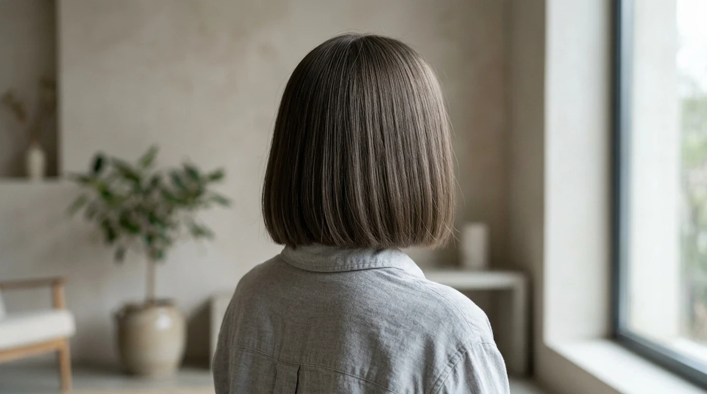 Blunt bob hairstyle dyed in cool ash mushroom brown hair against soft morning light.