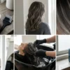 Six-panel collage showing ashy mushroom brown hair formulas, highlighting methods, and maintenance steps.