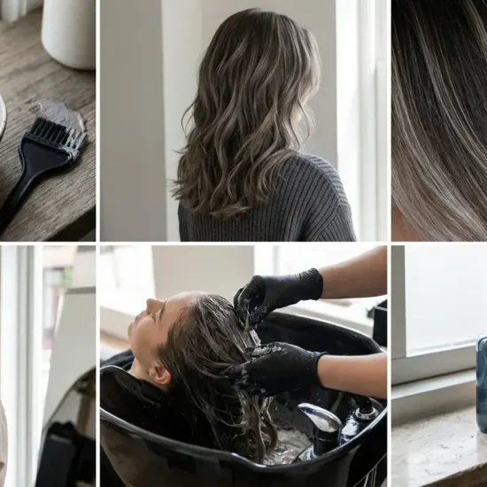 Six-panel collage showing ashy mushroom brown hair formulas, highlighting methods, and maintenance steps.