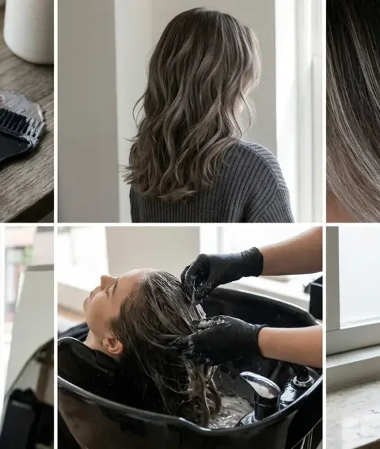 Six-panel collage showing ashy mushroom brown hair formulas, highlighting methods, and maintenance steps.