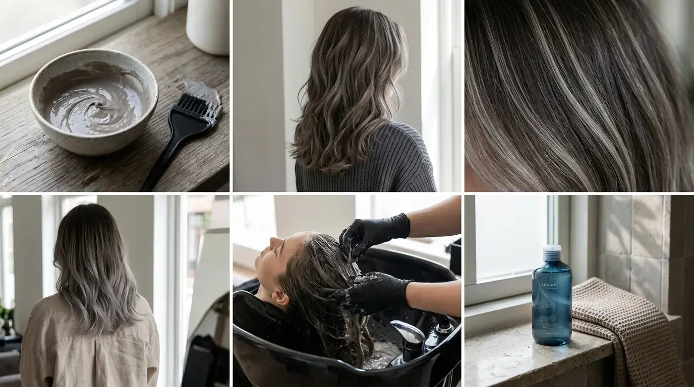 Six-panel collage showing ashy mushroom brown hair formulas, highlighting methods, and maintenance steps.