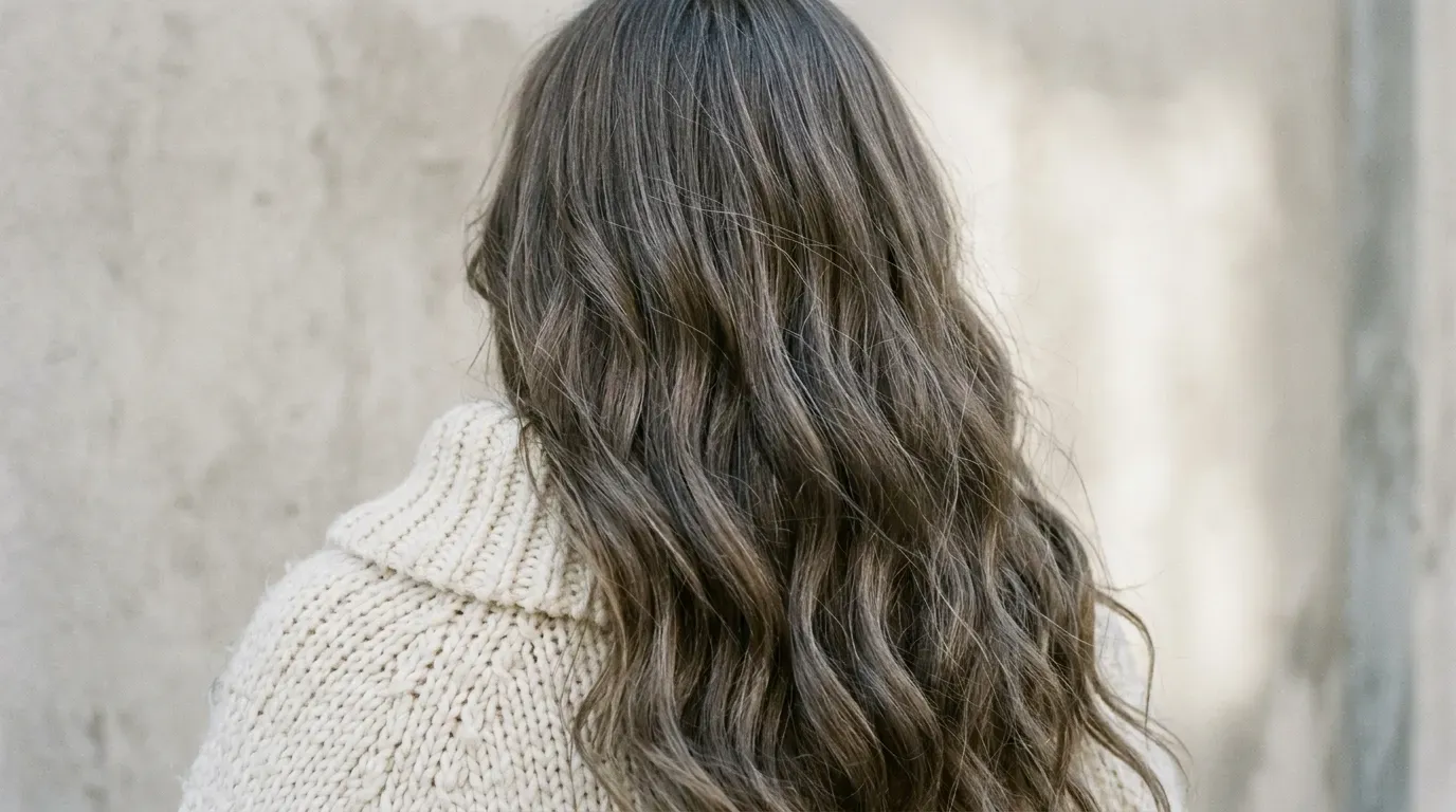 Long wavy ashy mushroom brown hair with cool slate and taupe tones worn over a cream knit sweater.