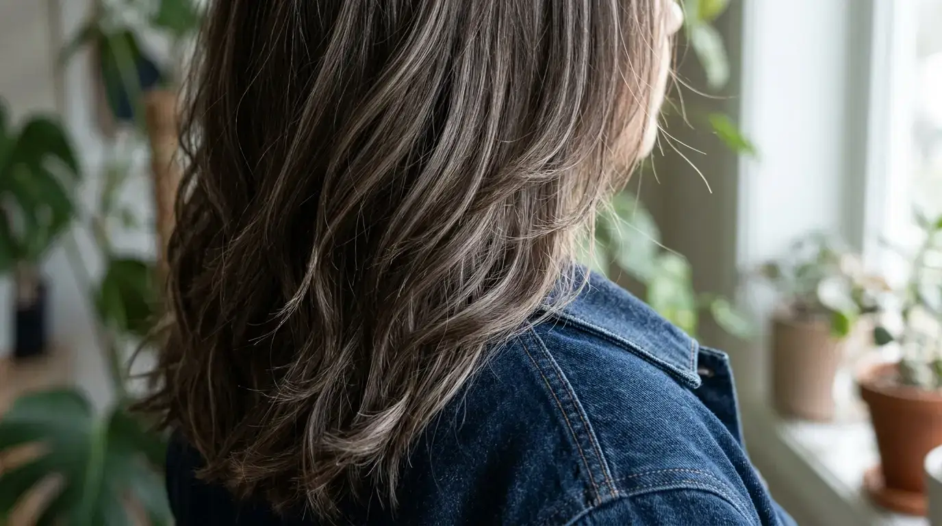 Close-up of layered cool brunette hair featuring delicate mushroom-toned highlights.