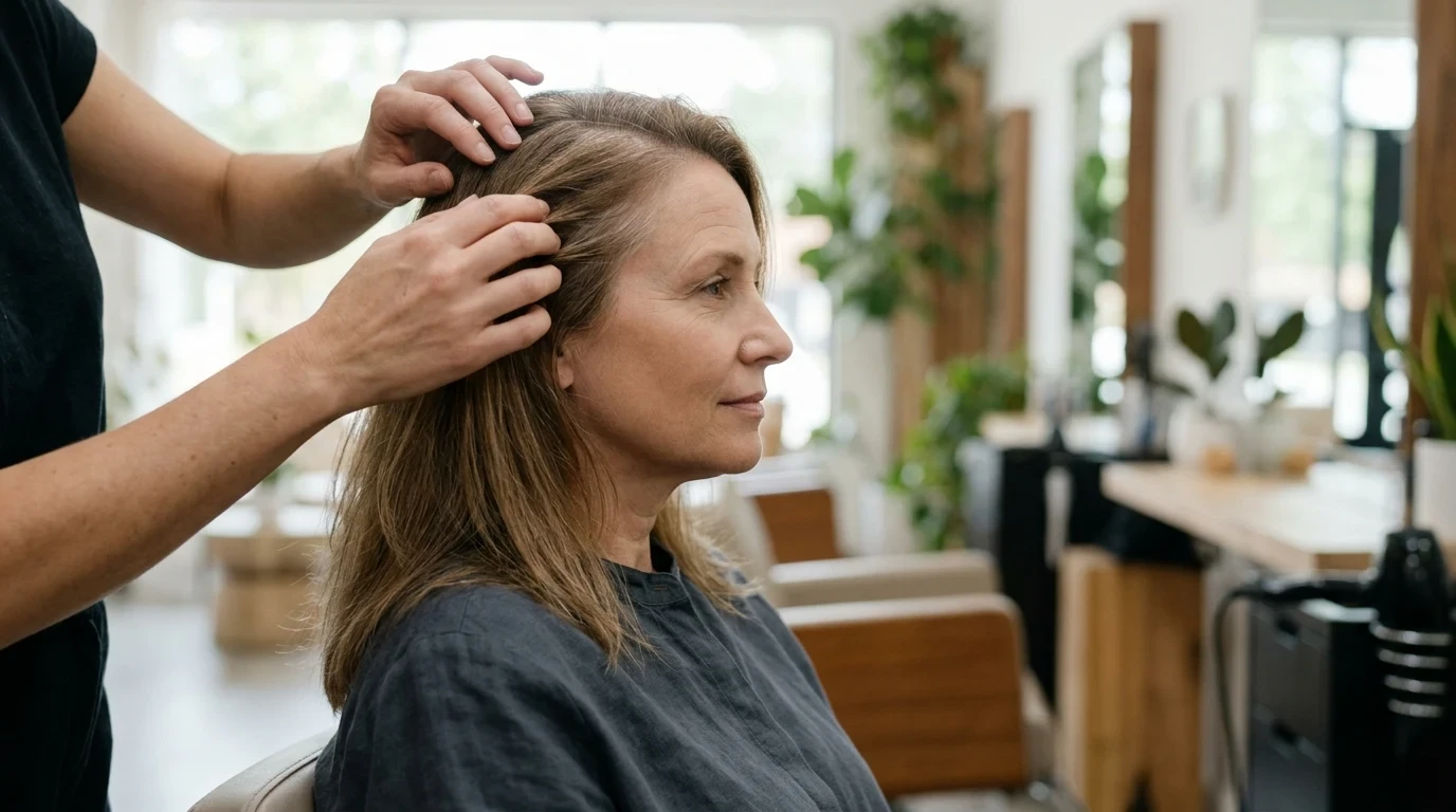 Stylist carefully checking scalp density and natural parting on a woman with medium length brown hair.