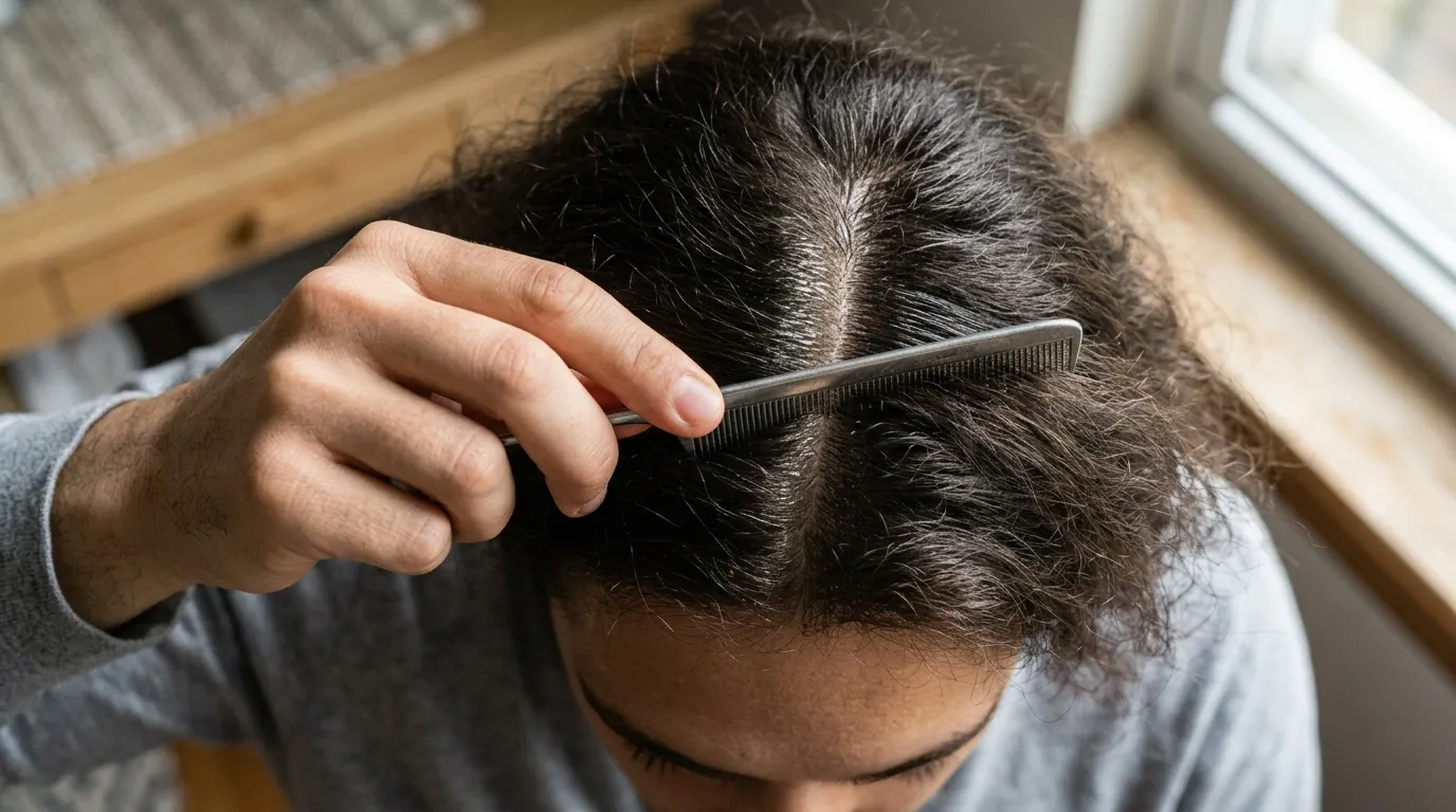Parting hair with a steel tail comb to assess natural oil distribution along the scalp