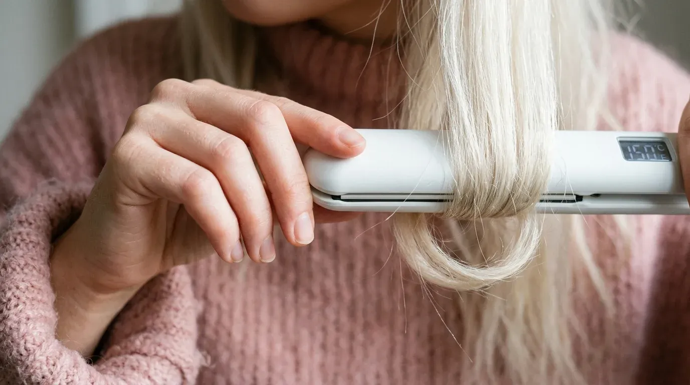 Styling gentle curls on fragile bleached hair using a ceramic iron.