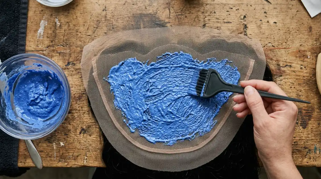 Underside of a lace frontal mesh with blue bleaching paste applied to lighten dark knots