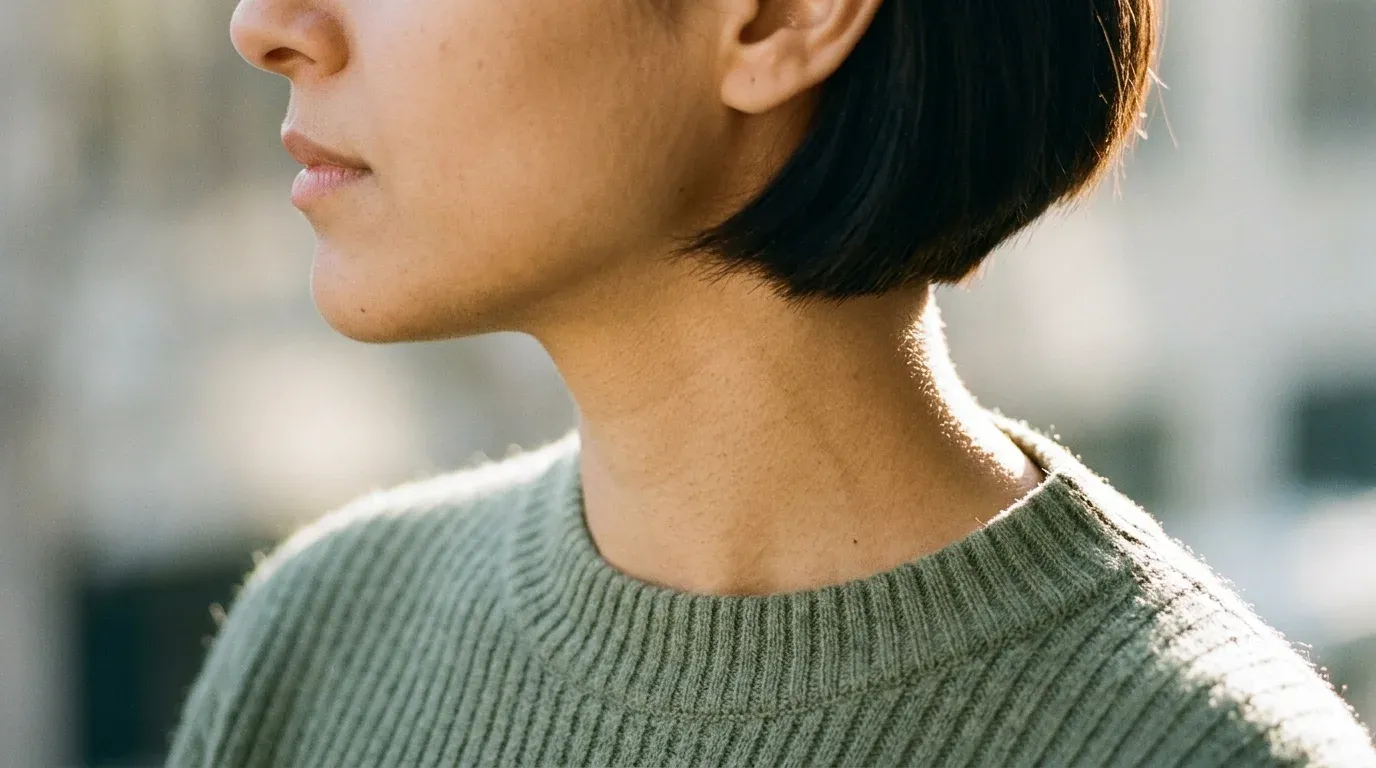 Angled medium bob perimeter showing a slight forward incline along the neck and collar.