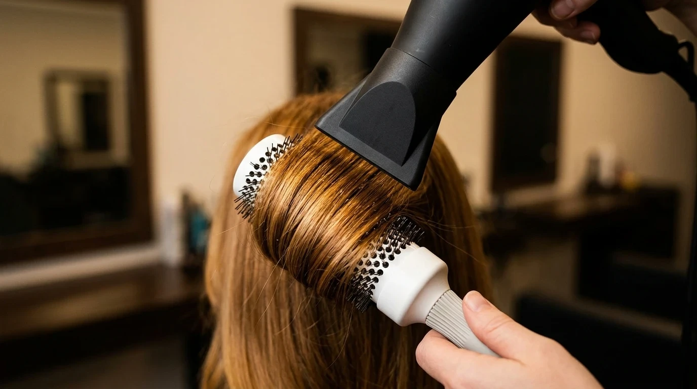 Round ceramic styling brush lifting hair roots with blow dryer nozzle smoothing the outer cuticle.