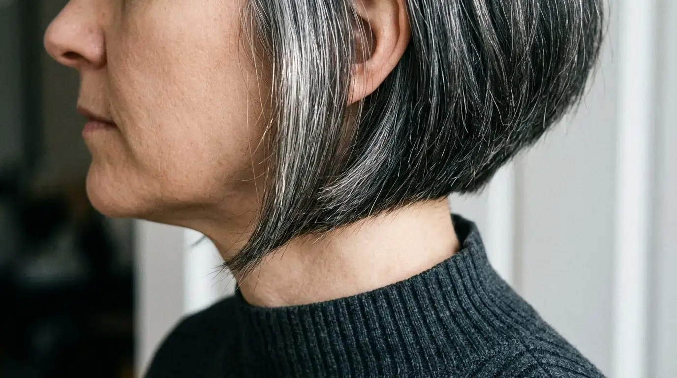 A sharp perimeter bob haircut showing natural dark and gray hair definition.