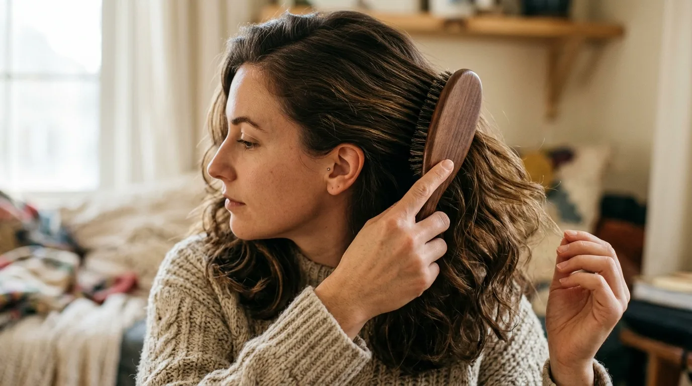 Brushing root sebum down into dry ends using a dense wooden boar bristle brush