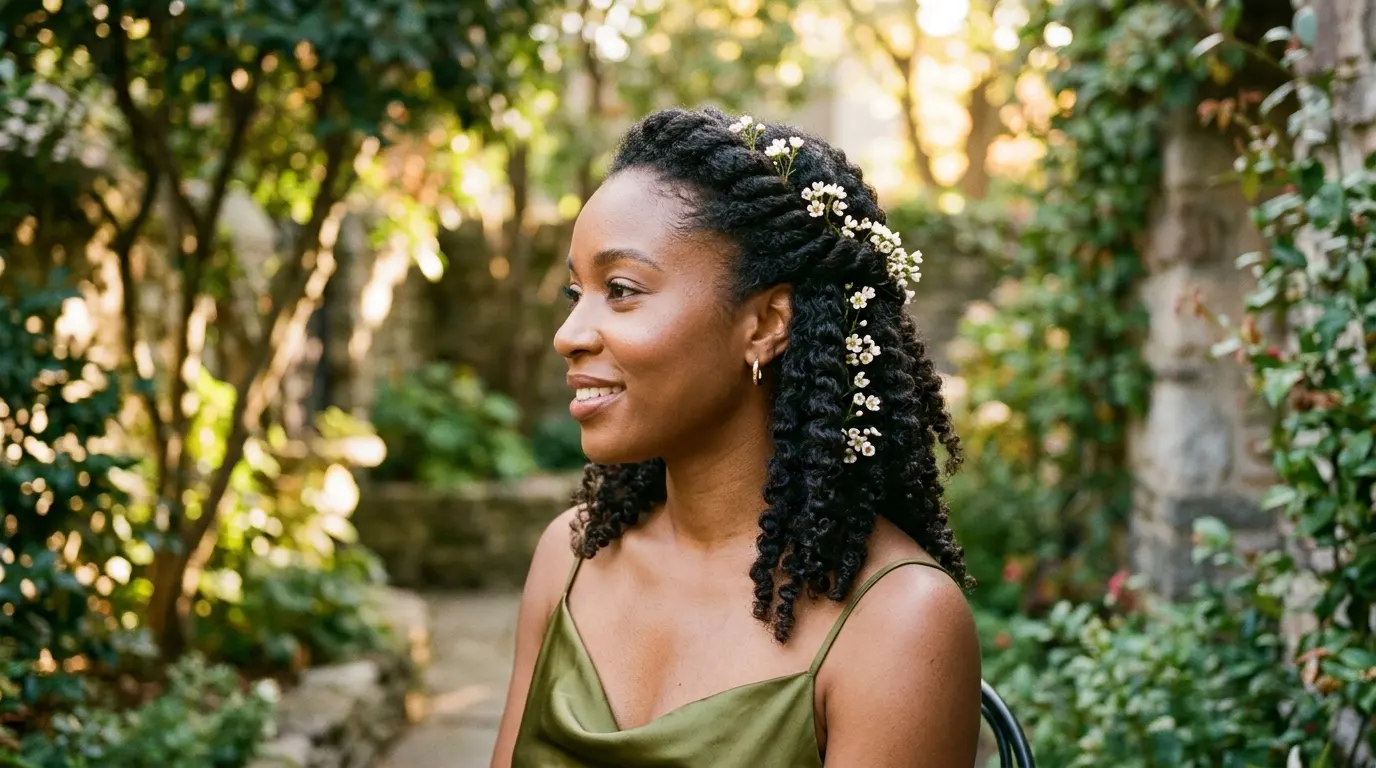 Twisted half-up formal hairstyle decorated with delicate white flower sprigs