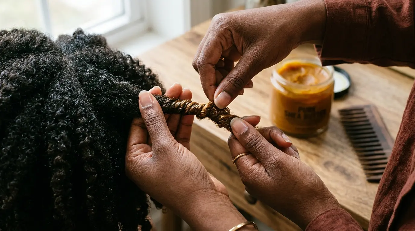 Hands applying rich pomade while braiding thick coiled hair into neat twists
