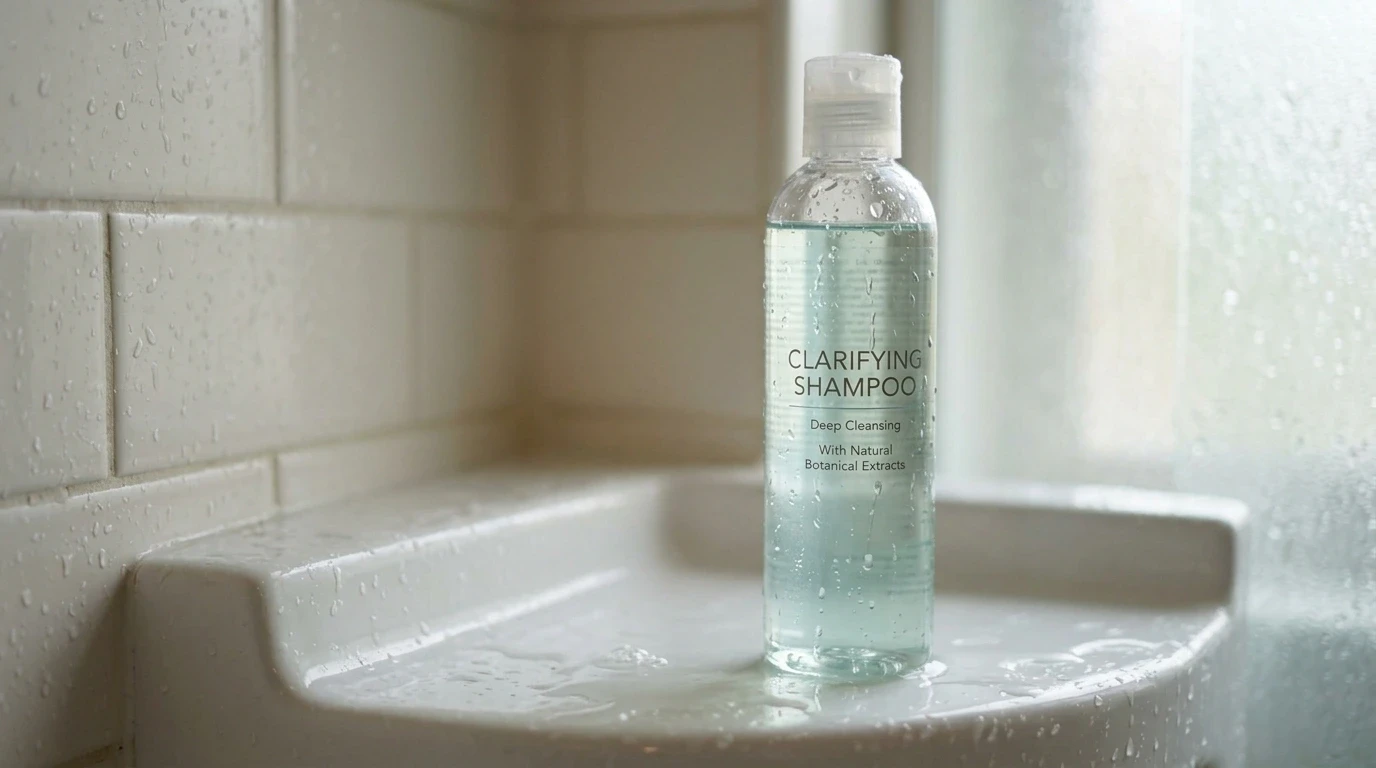Clear bottle of clarifying shampoo resting on a wet tiled shower ledge.