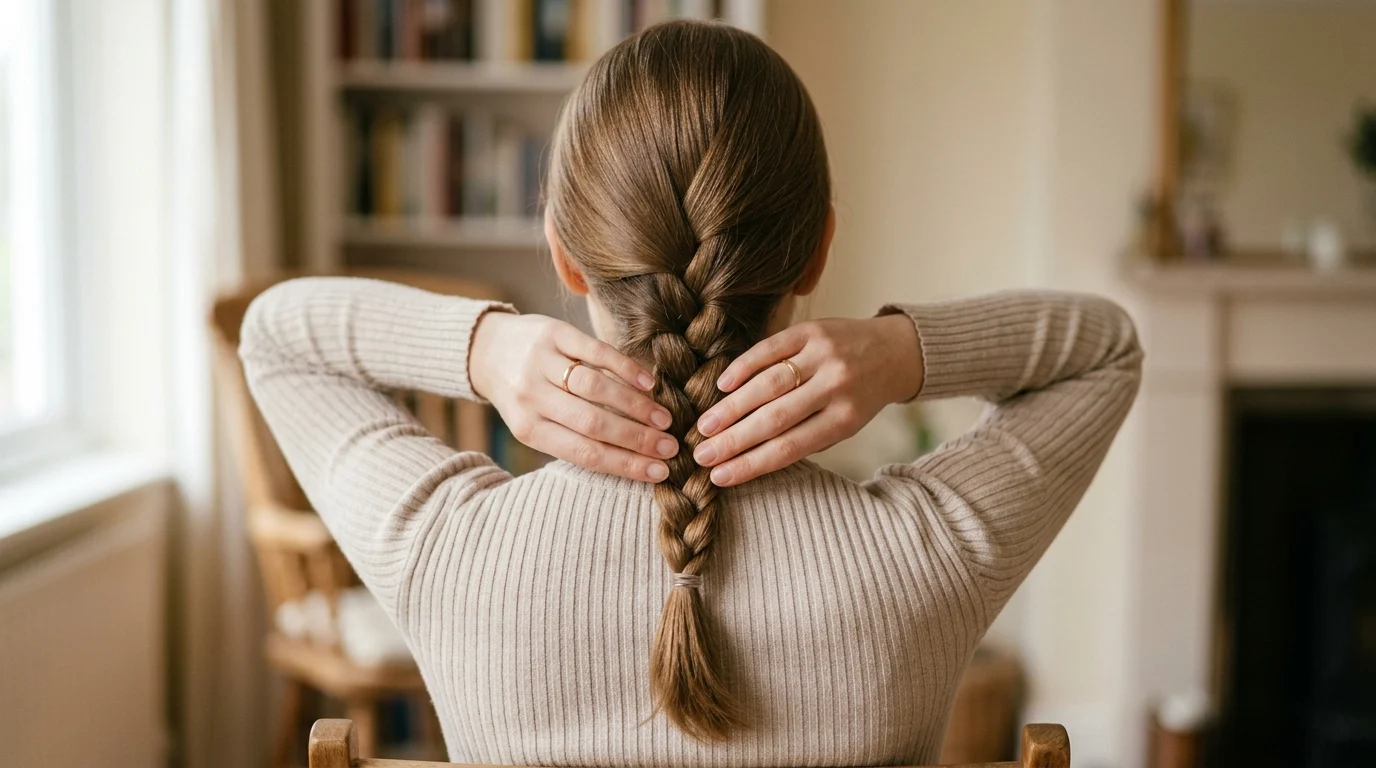 Straight back view of a classic three-strand center plait on shoulder-length hair