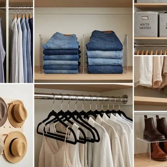 Six-box collage illustrating practical closet organization hacks for hanging rods, shelves, and accessory storage