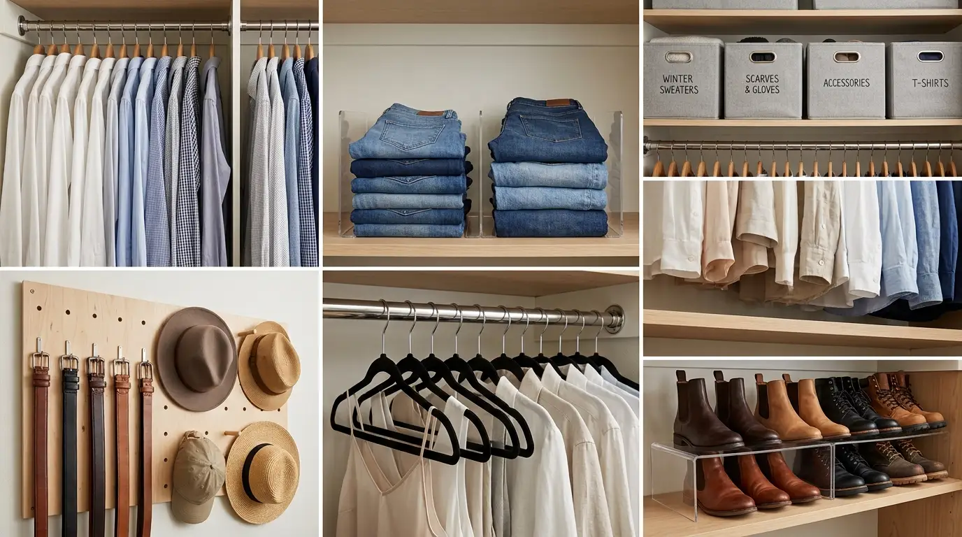 Six-box collage illustrating practical closet organization hacks for hanging rods, shelves, and accessory storage